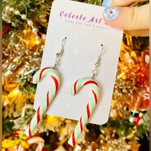 Mint Green & Red Candy Cane Earrings – Christmas Earrings